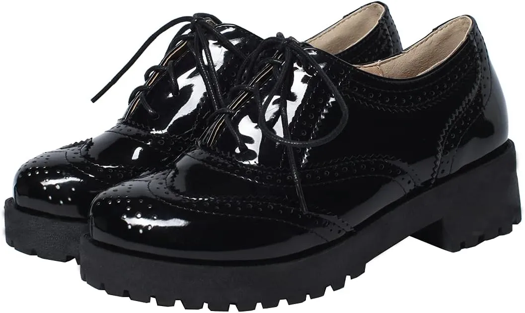 AIMODOR Womens Oxford Wingtip Lace Up Vintage Brogues Chunky Heel Pumps