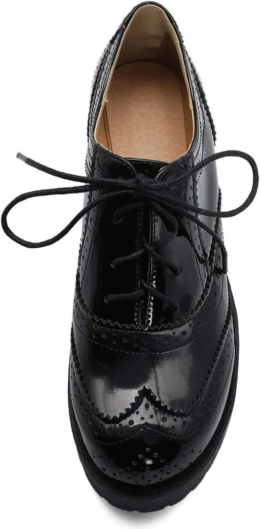 AIMODOR Womens Oxford Wingtip Lace Up Vintage Brogues Chunky Heel Pumps