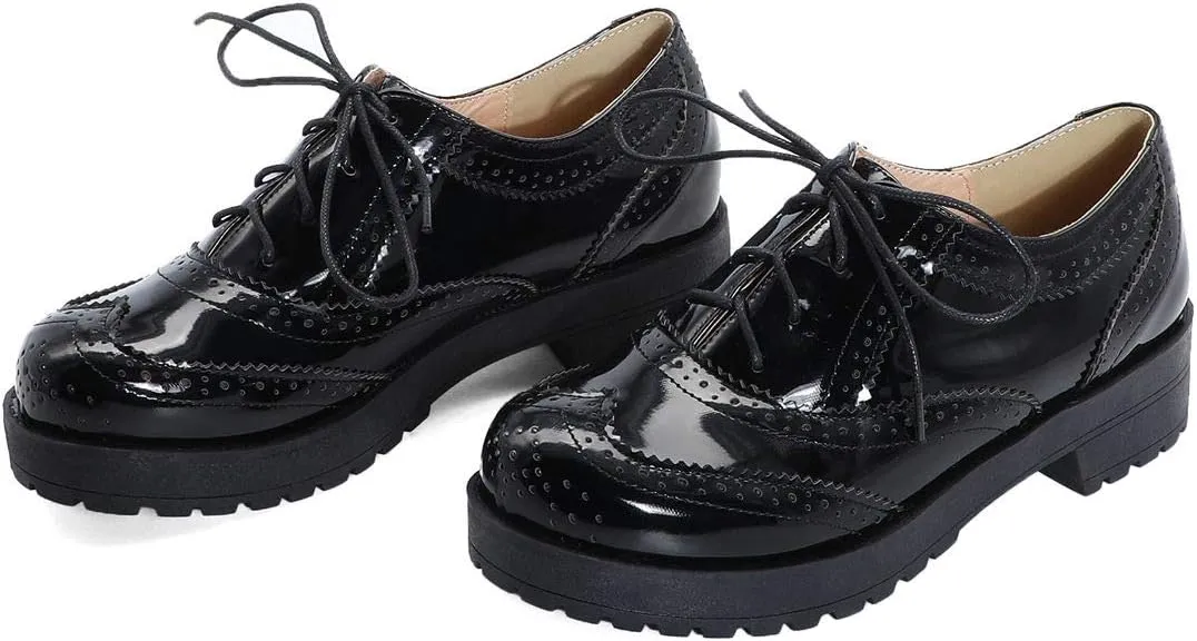AIMODOR Womens Oxford Wingtip Lace Up Vintage Brogues Chunky Heel Pumps