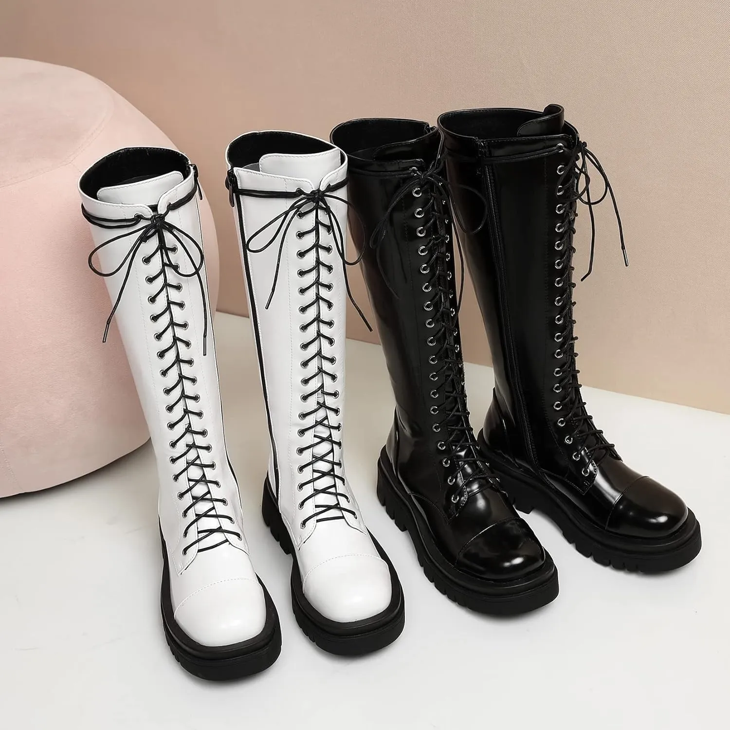 AIMODOR Womens Patent Leather Lace Up Knee High Platform Chunky Flat Heel Combat Boots With Zip Up
