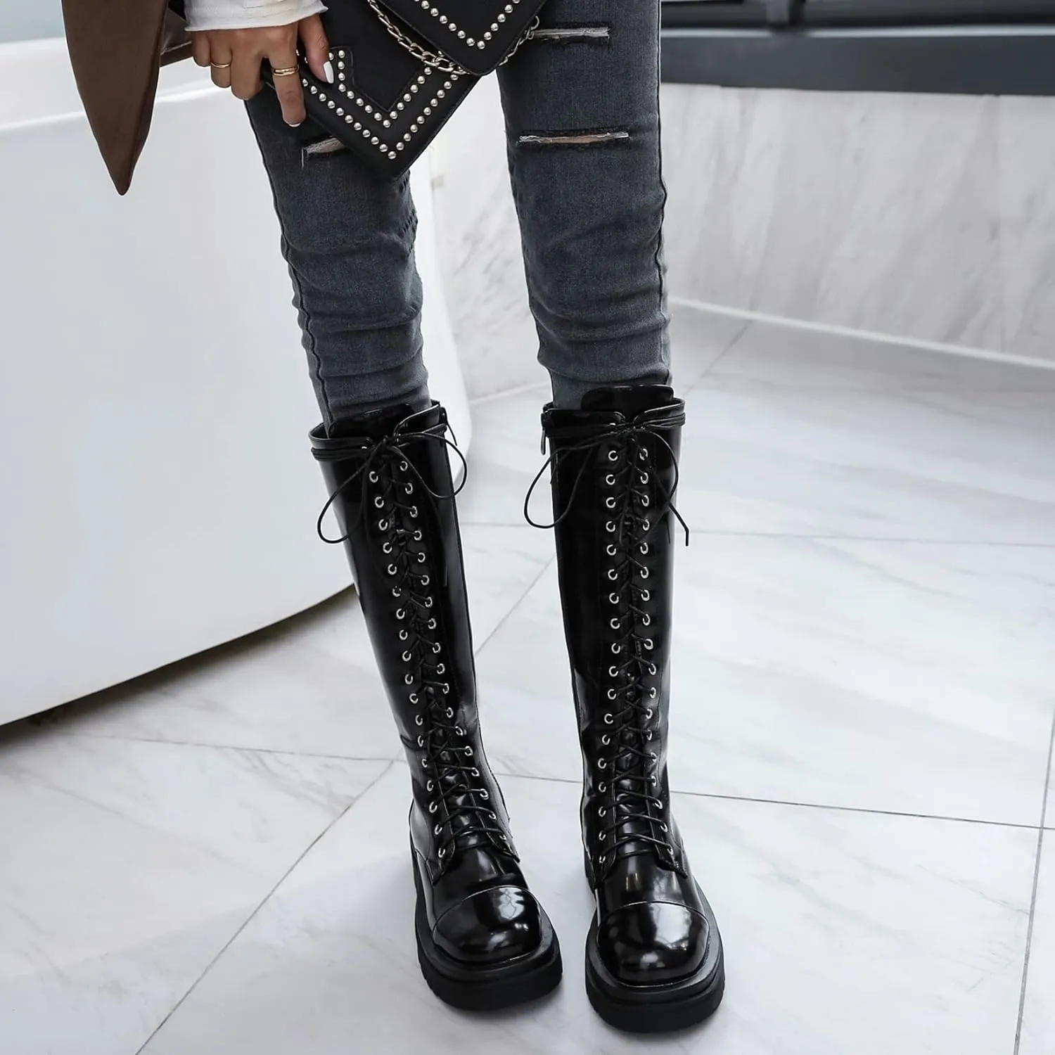 AIMODOR Womens Patent Leather Lace Up Knee High Platform Chunky Flat Heel Combat Boots With Zip Up