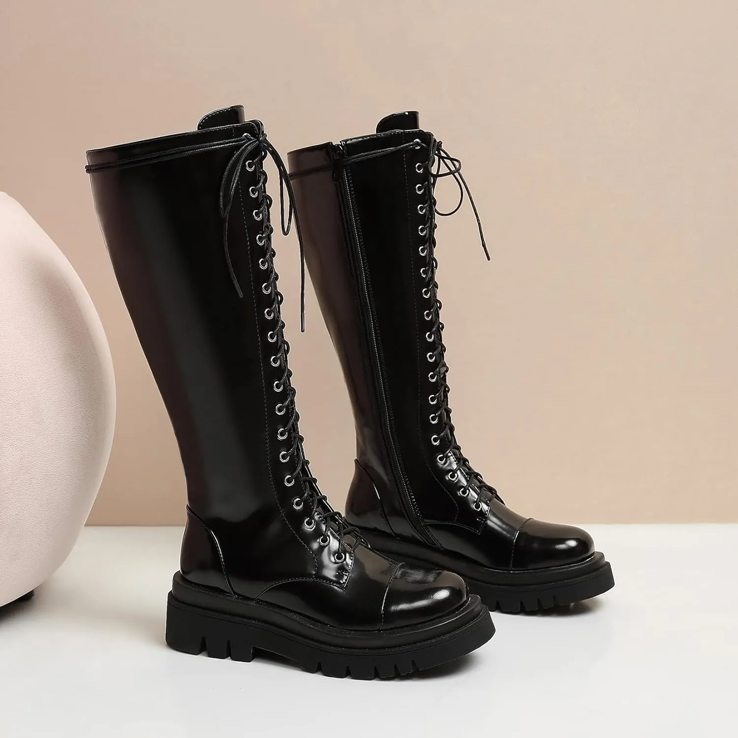 AIMODOR Womens Patent Leather Lace Up Knee High Platform Chunky Flat Heel Combat Boots With Zip Up