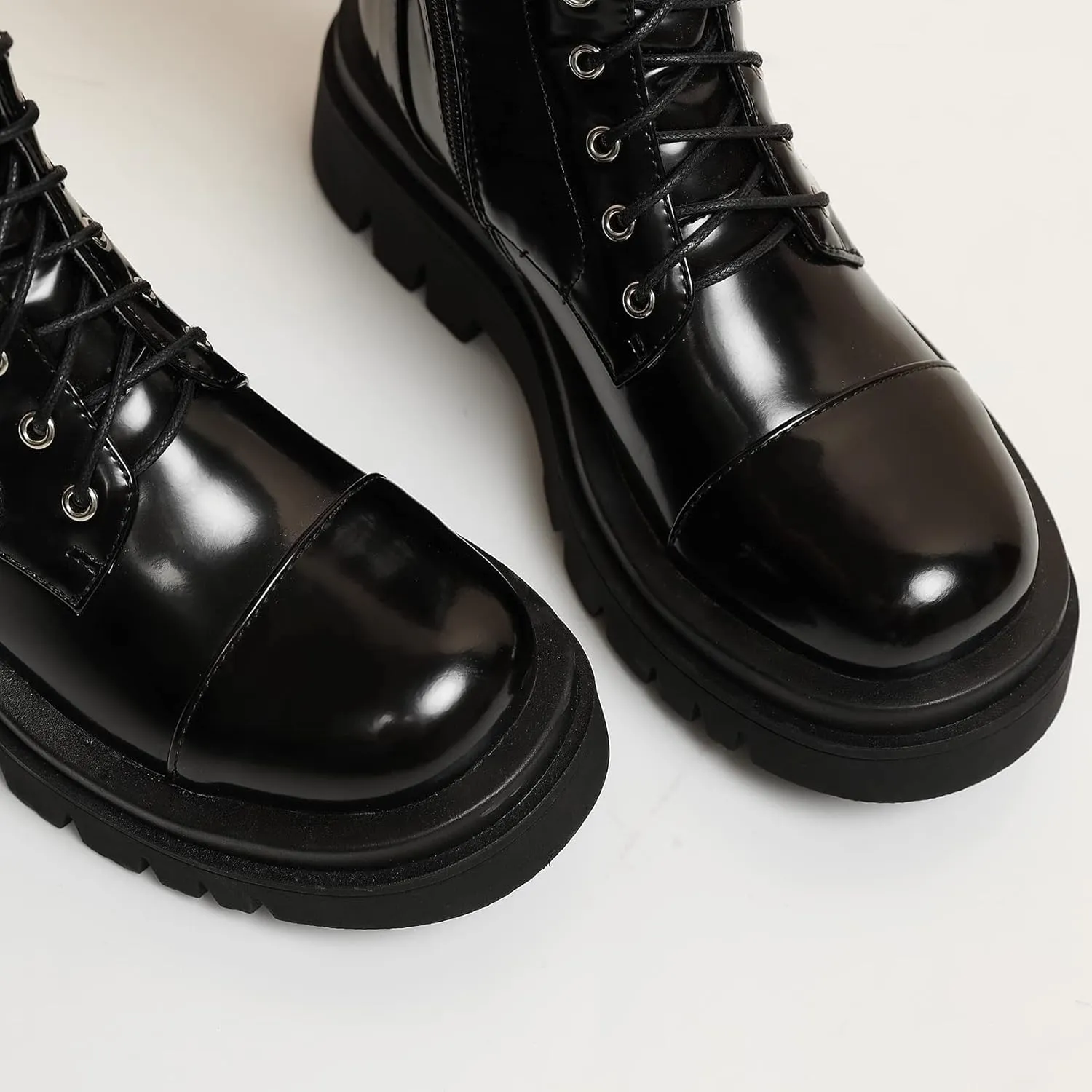 AIMODOR Womens Patent Leather Lace Up Knee High Platform Chunky Flat Heel Combat Boots With Zip Up