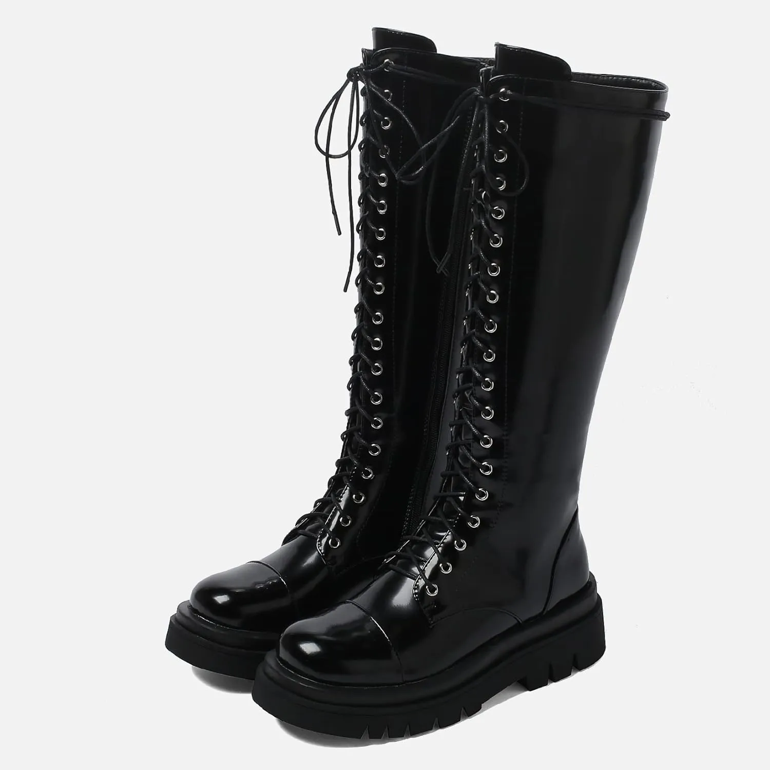 AIMODOR Womens Patent Leather Lace Up Knee High Platform Chunky Flat Heel Combat Boots With Zip Up