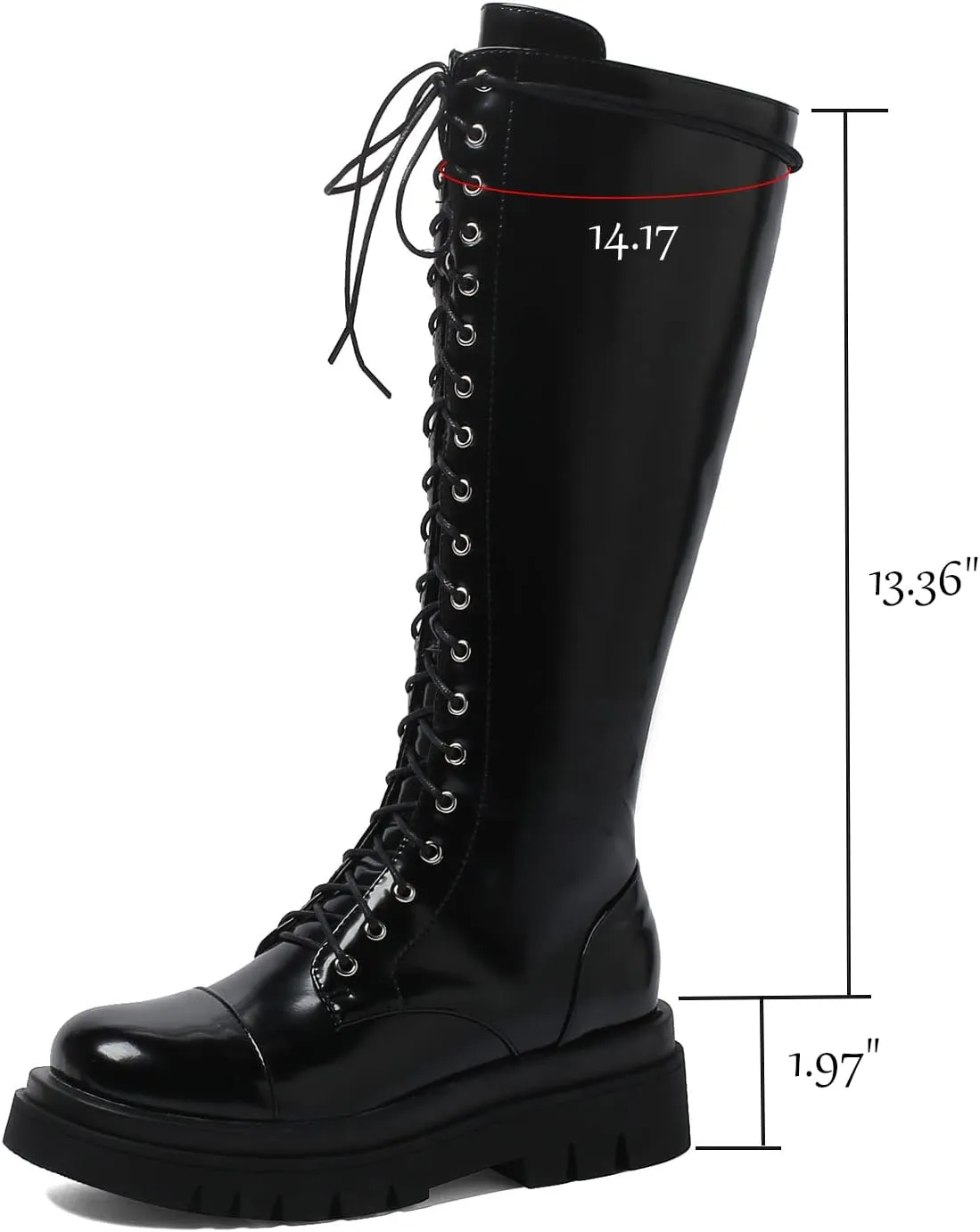 AIMODOR Womens Patent Leather Lace Up Knee High Platform Chunky Flat Heel Combat Boots With Zip Up