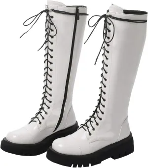 AIMODOR Womens Patent Leather Lace Up Knee High Platform Chunky Flat Heel Combat Boots With Zip Up