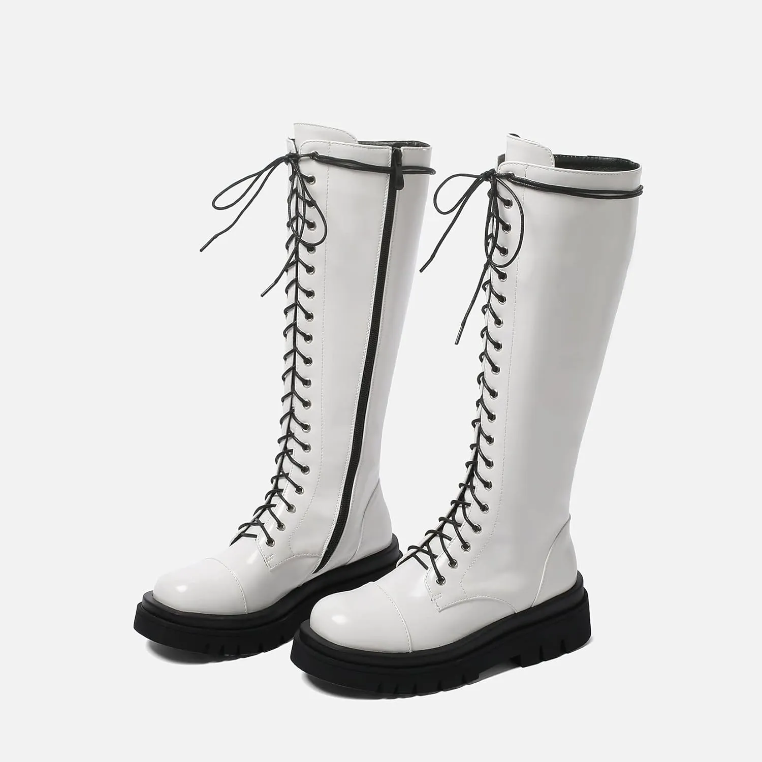 AIMODOR Womens Patent Leather Lace Up Knee High Platform Chunky Flat Heel Combat Boots With Zip Up