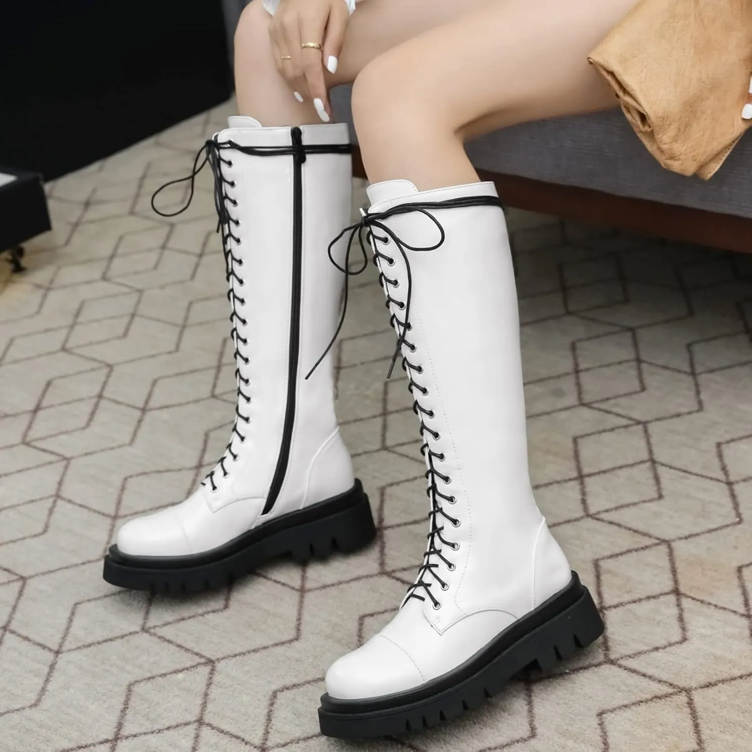 AIMODOR Womens Patent Leather Lace Up Knee High Platform Chunky Flat Heel Combat Boots With Zip Up