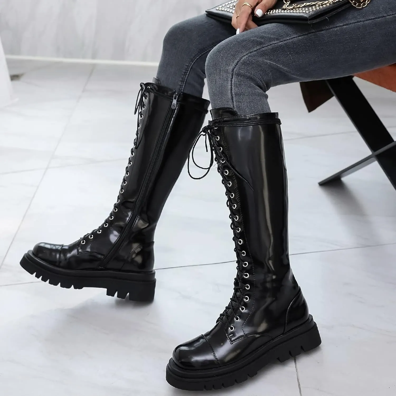 AIMODOR Womens Patent Leather Lace Up Knee High Platform Chunky Flat Heel Combat Boots With Zip Up