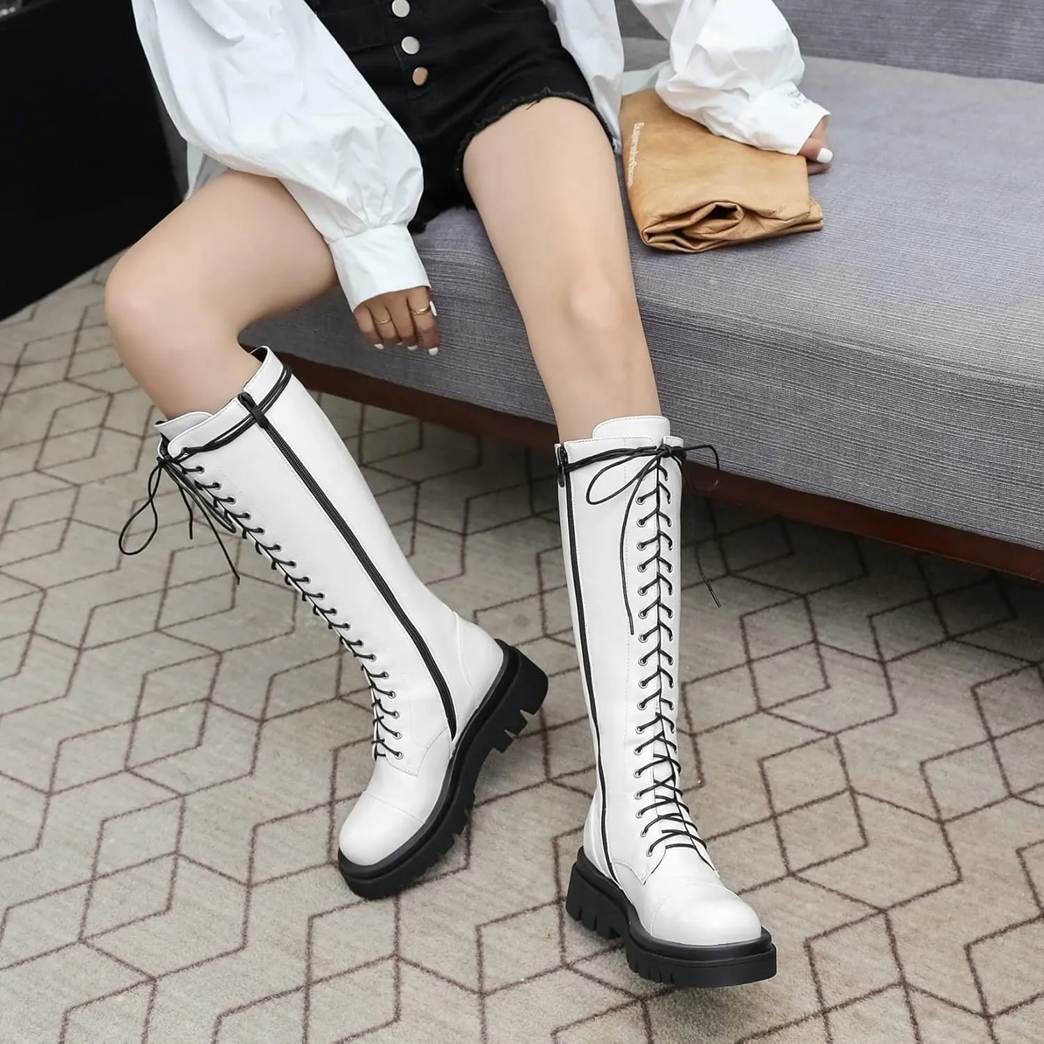 AIMODOR Womens Patent Leather Lace Up Knee High Platform Chunky Flat Heel Combat Boots With Zip Up