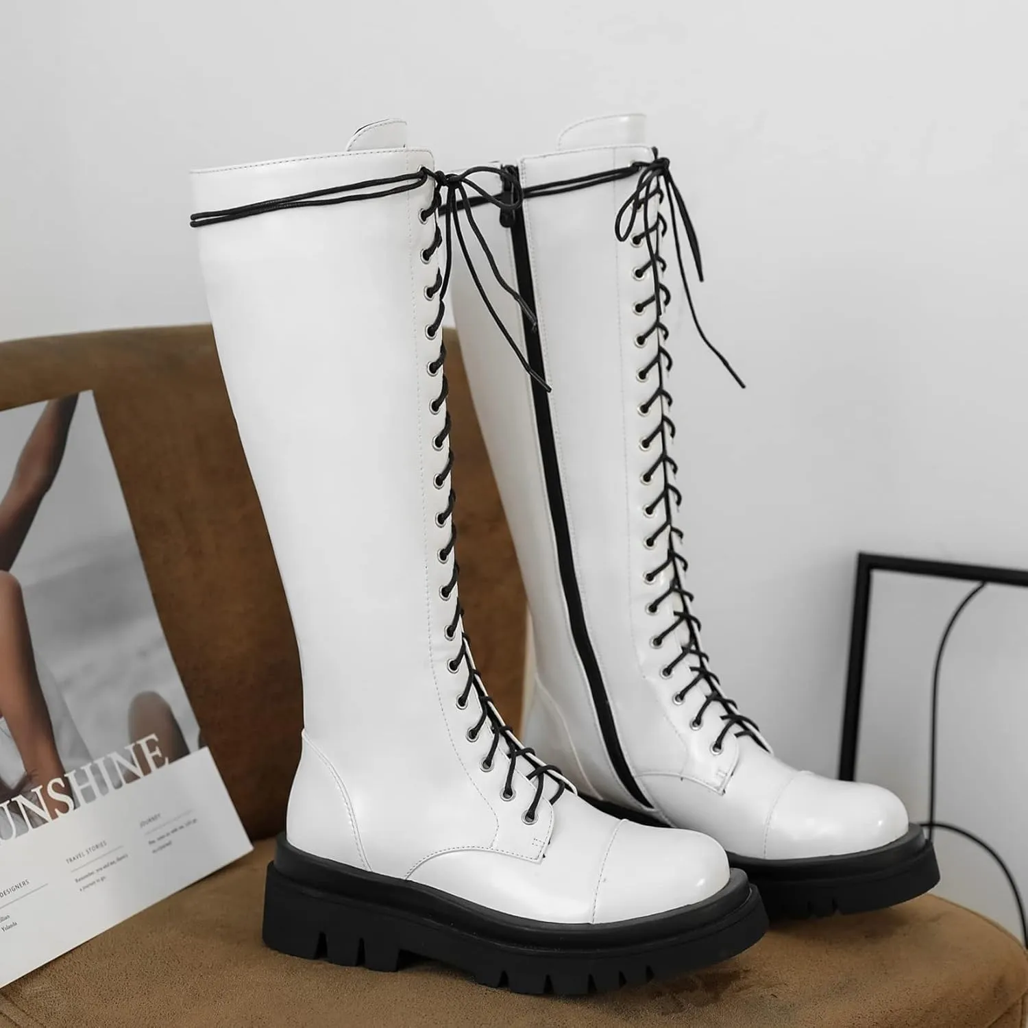 AIMODOR Womens Patent Leather Lace Up Knee High Platform Chunky Flat Heel Combat Boots With Zip Up