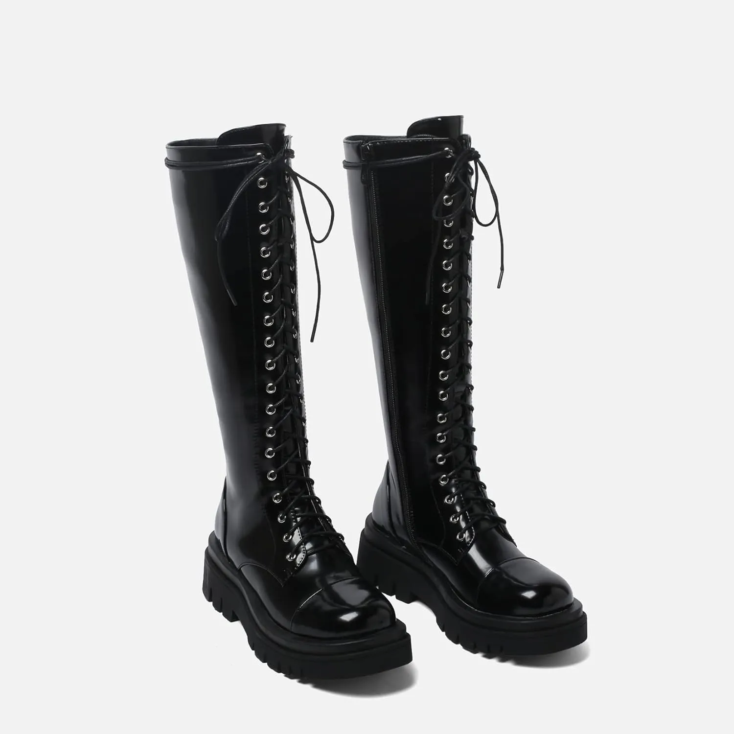 AIMODOR Womens Patent Leather Lace Up Knee High Platform Chunky Flat Heel Combat Boots With Zip Up