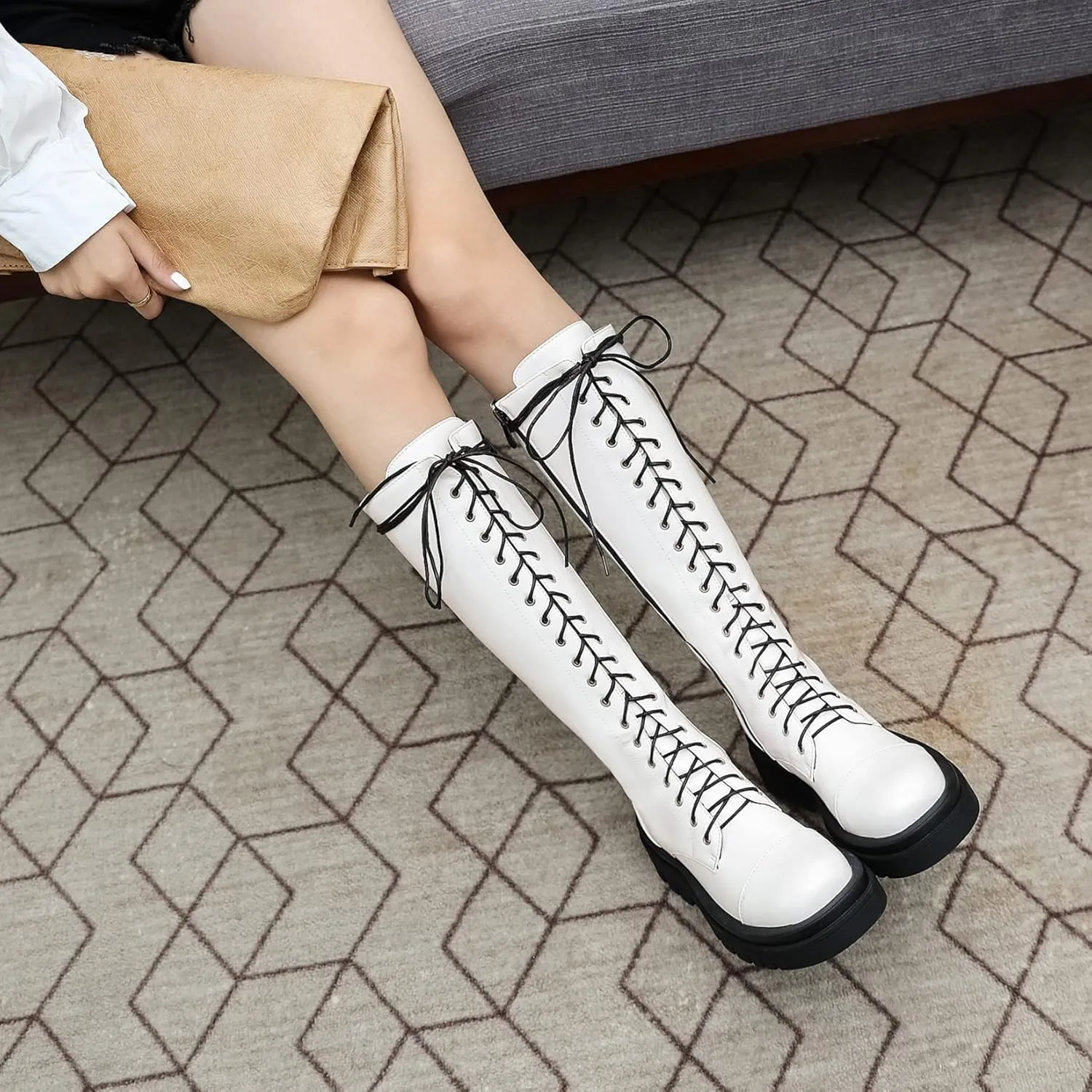 AIMODOR Womens Patent Leather Lace Up Knee High Platform Chunky Flat Heel Combat Boots With Zip Up