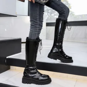 AIMODOR Womens Patent Leather Lace Up Knee High Platform Chunky Flat Heel Combat Boots With Zip Up