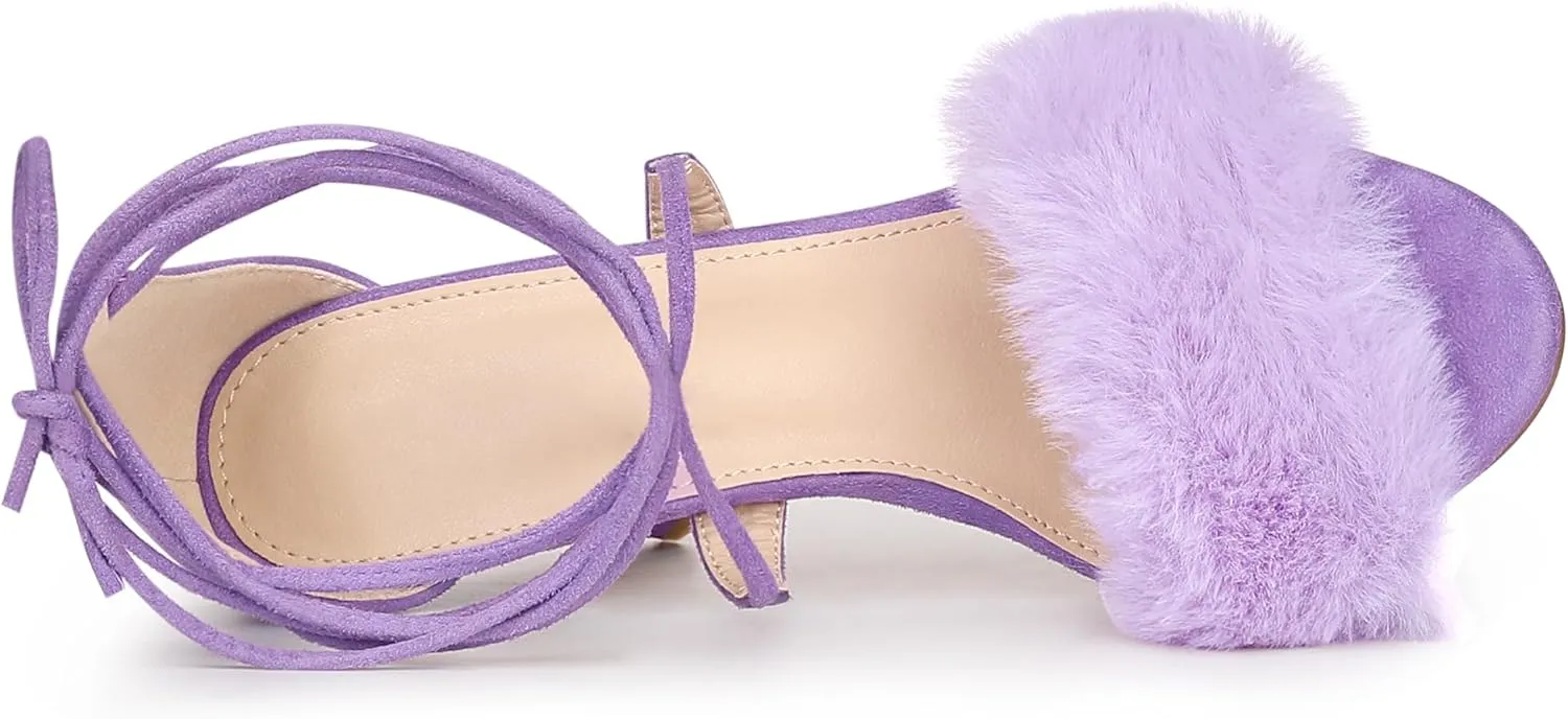 Allegra K Women's Faux Fur Stiletto Heel Lace Up Heels Sandals