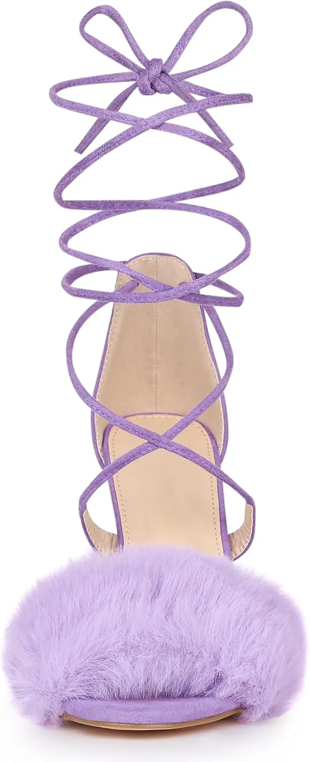 Allegra K Women's Faux Fur Stiletto Heel Lace Up Heels Sandals