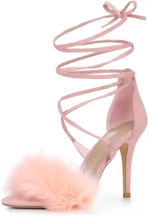 Allegra K Women's Faux Fur Stiletto Heel Lace Up Heels Sandals