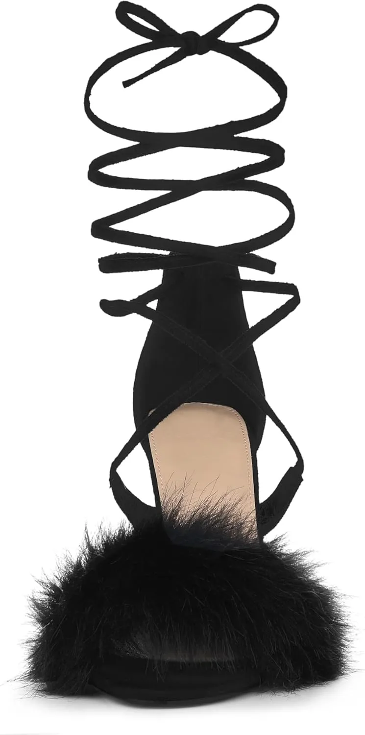 Allegra K Women's Faux Fur Stiletto Heel Lace Up Heels Sandals