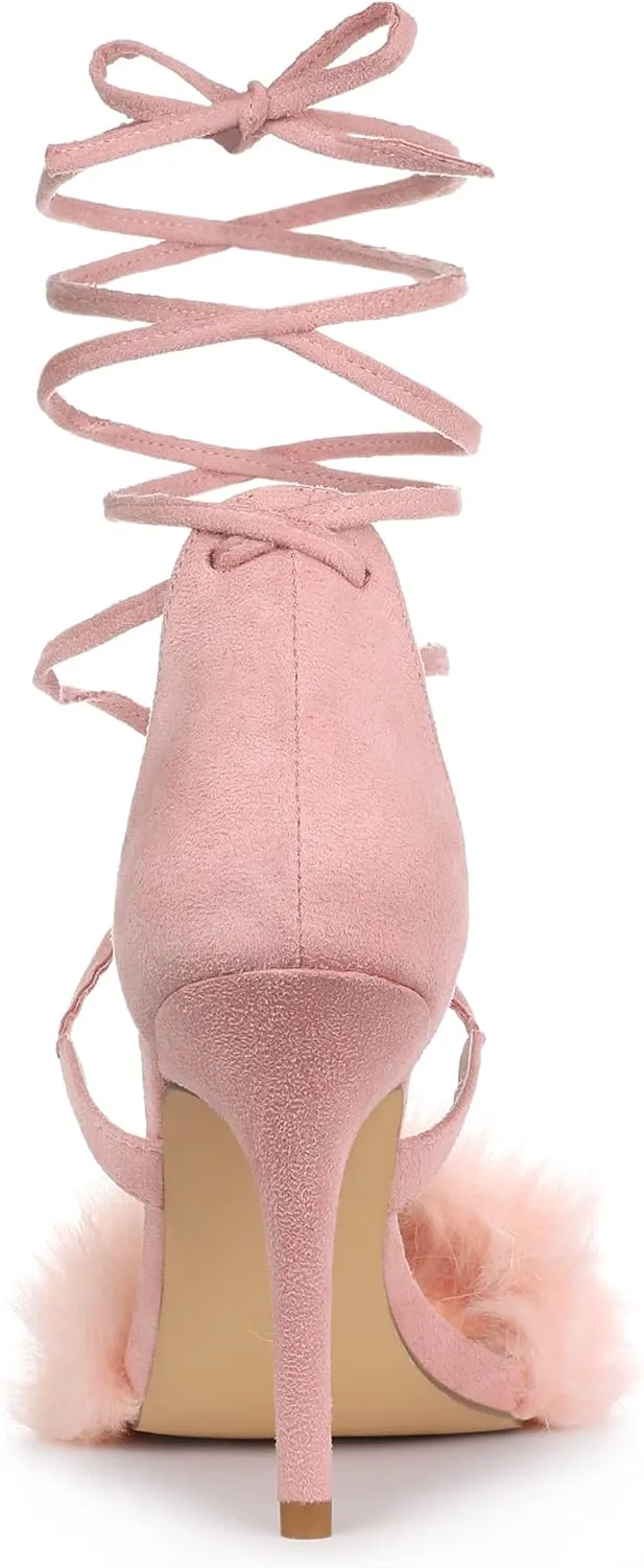 Allegra K Women's Faux Fur Stiletto Heel Lace Up Heels Sandals