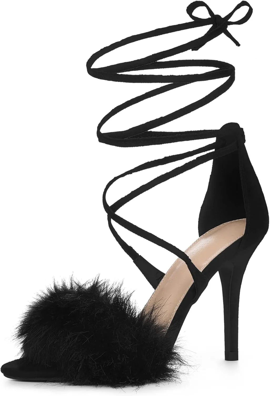 Allegra K Women's Faux Fur Stiletto Heel Lace Up Heels Sandals
