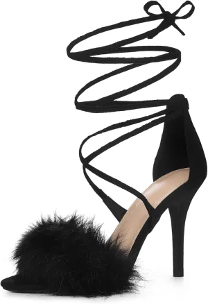 Allegra K Women's Faux Fur Stiletto Heel Lace Up Heels Sandals