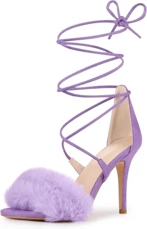 Allegra K Women's Faux Fur Stiletto Heel Lace Up Heels Sandals
