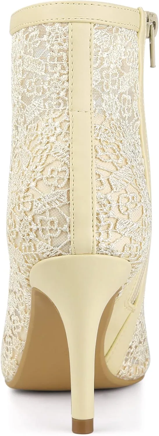 Allegra K Women's Floral Embroidered Stiletto Heels Lace Ankle Boots