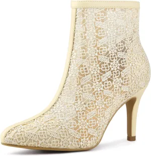 Allegra K Women's Floral Embroidered Stiletto Heels Lace Ankle Boots
