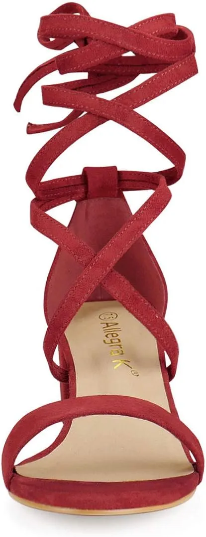 Allegra K Women's Open Toe Lace Up Mid Chunky Heeled Sandals