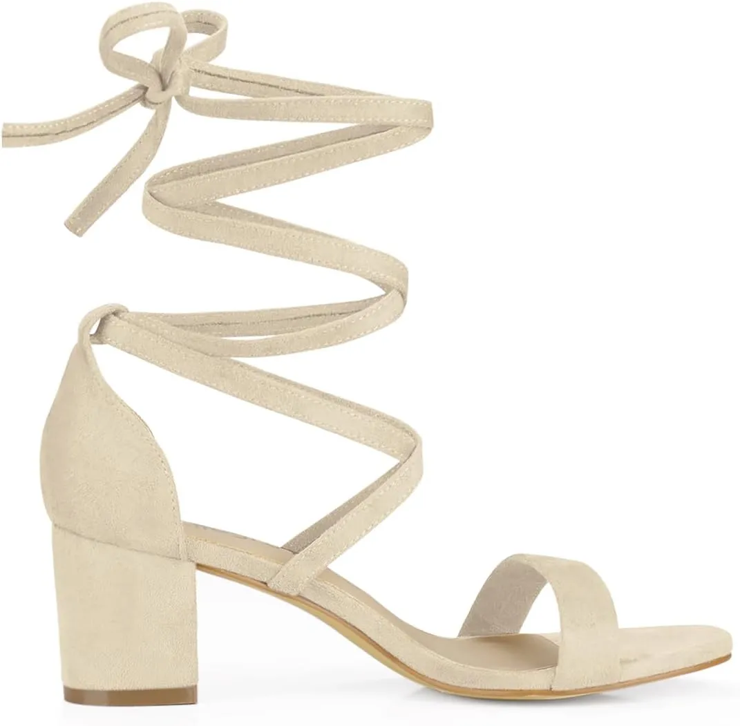 Allegra K Women's Open Toe Lace Up Mid Chunky Heeled Sandals