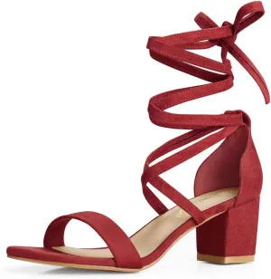 Allegra K Women's Open Toe Lace Up Mid Chunky Heeled Sandals