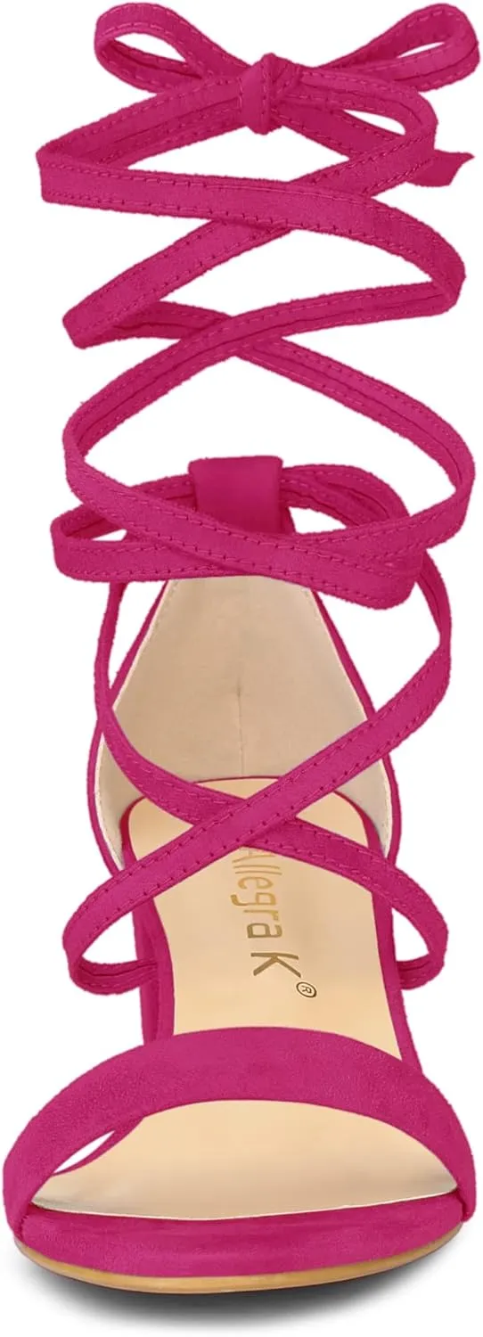 Allegra K Women's Open Toe Lace Up Mid Chunky Heeled Sandals