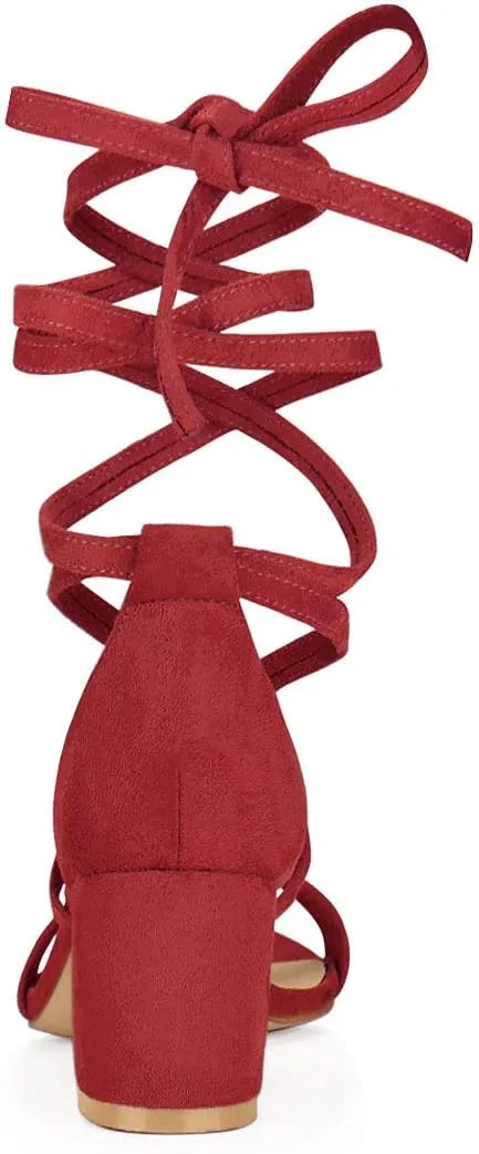 Allegra K Women's Open Toe Lace Up Mid Chunky Heeled Sandals