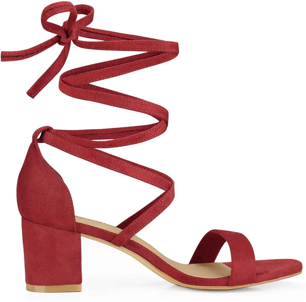 Allegra K Women's Open Toe Lace Up Mid Chunky Heeled Sandals