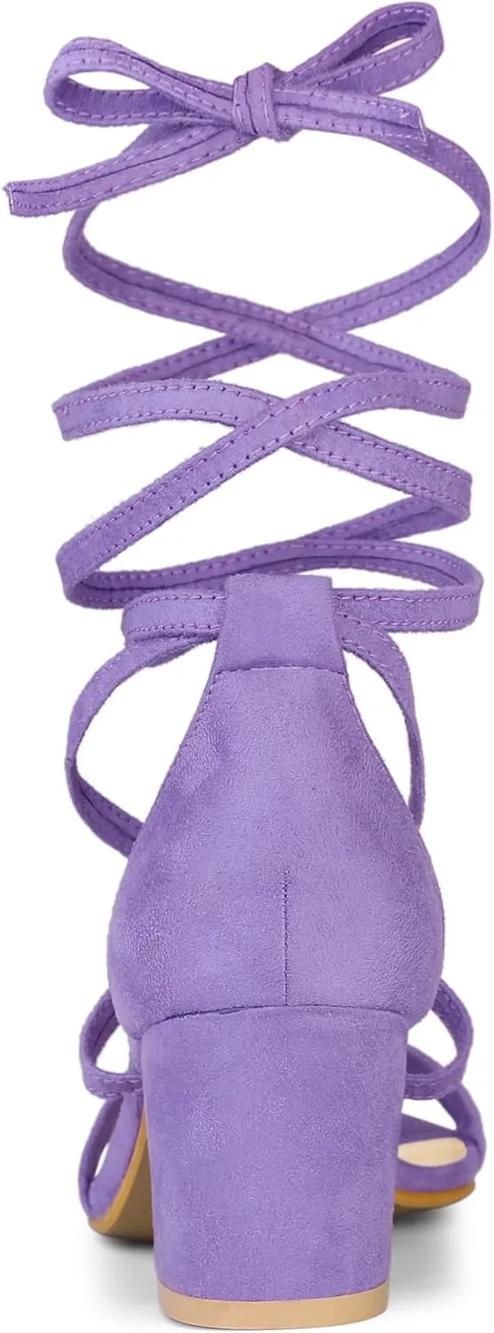 Allegra K Women's Open Toe Lace Up Mid Chunky Heeled Sandals