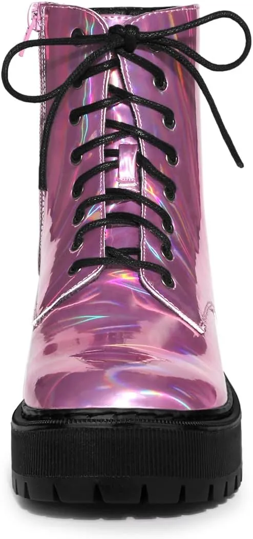 Allegra K Women's Round Toe Platform Lace Up Colorful Combat Ankle Boots