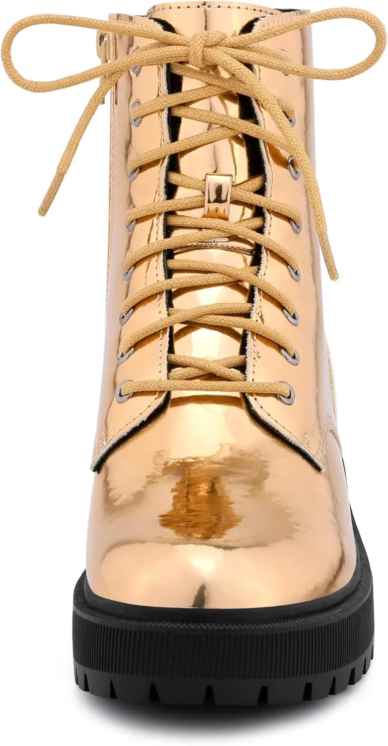 Allegra K Women's Round Toe Platform Lace Up Colorful Combat Ankle Boots