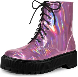Allegra K Women's Round Toe Platform Lace Up Colorful Combat Ankle Boots