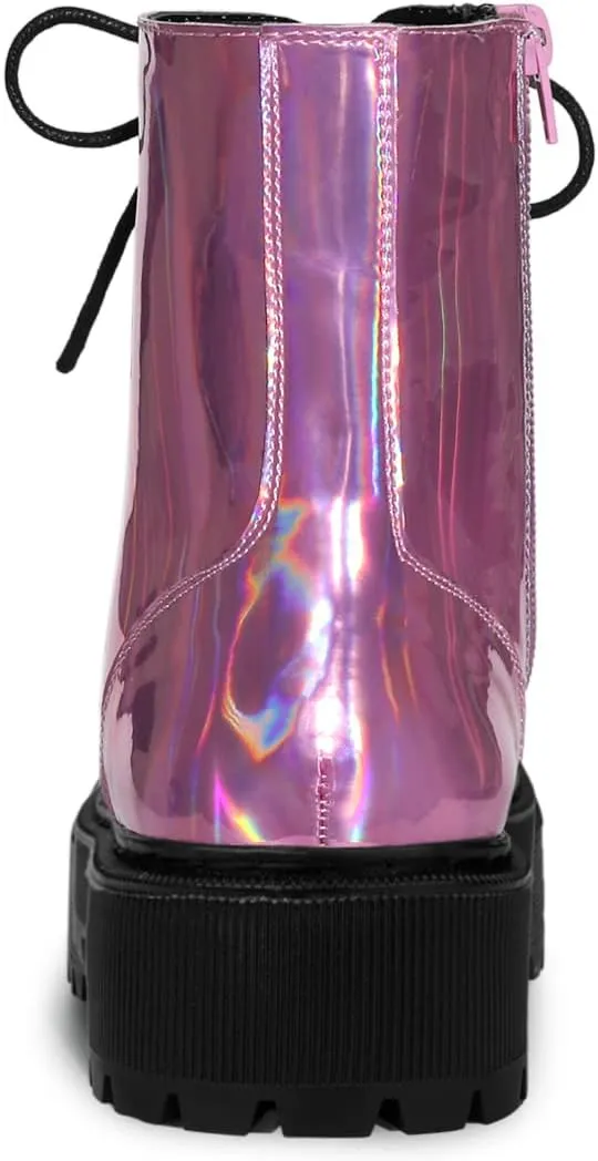 Allegra K Women's Round Toe Platform Lace Up Colorful Combat Ankle Boots