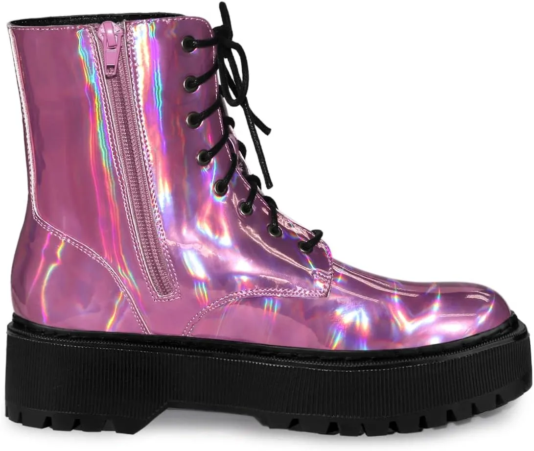 Allegra K Women's Round Toe Platform Lace Up Colorful Combat Ankle Boots