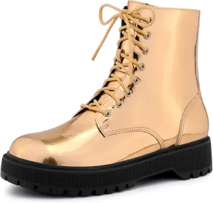 Allegra K Women's Round Toe Platform Lace Up Colorful Combat Ankle Boots