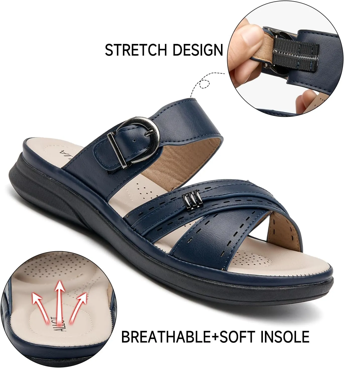ALLOT Women's Slide Sandals Slip On Open Toe Dressy Summer Flat Sandals Arch Support Adjustable Straps Comfortable Beach Walking Shoes