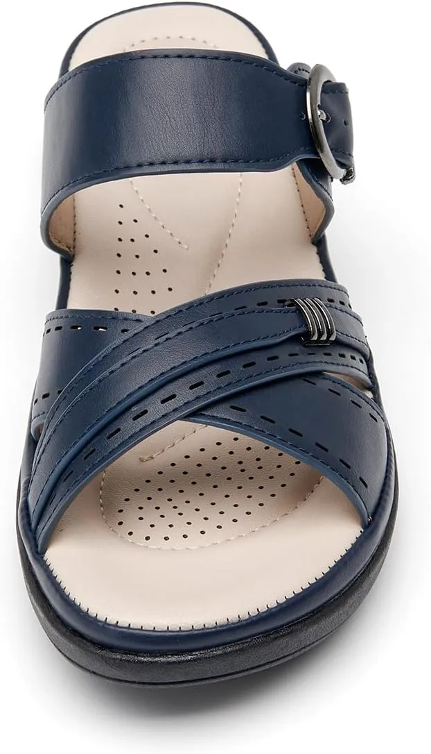 ALLOT Women's Slide Sandals Slip On Open Toe Dressy Summer Flat Sandals Arch Support Adjustable Straps Comfortable Beach Walking Shoes
