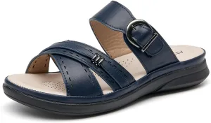 ALLOT Women's Slide Sandals Slip On Open Toe Dressy Summer Flat Sandals Arch Support Adjustable Straps Comfortable Beach Walking Shoes