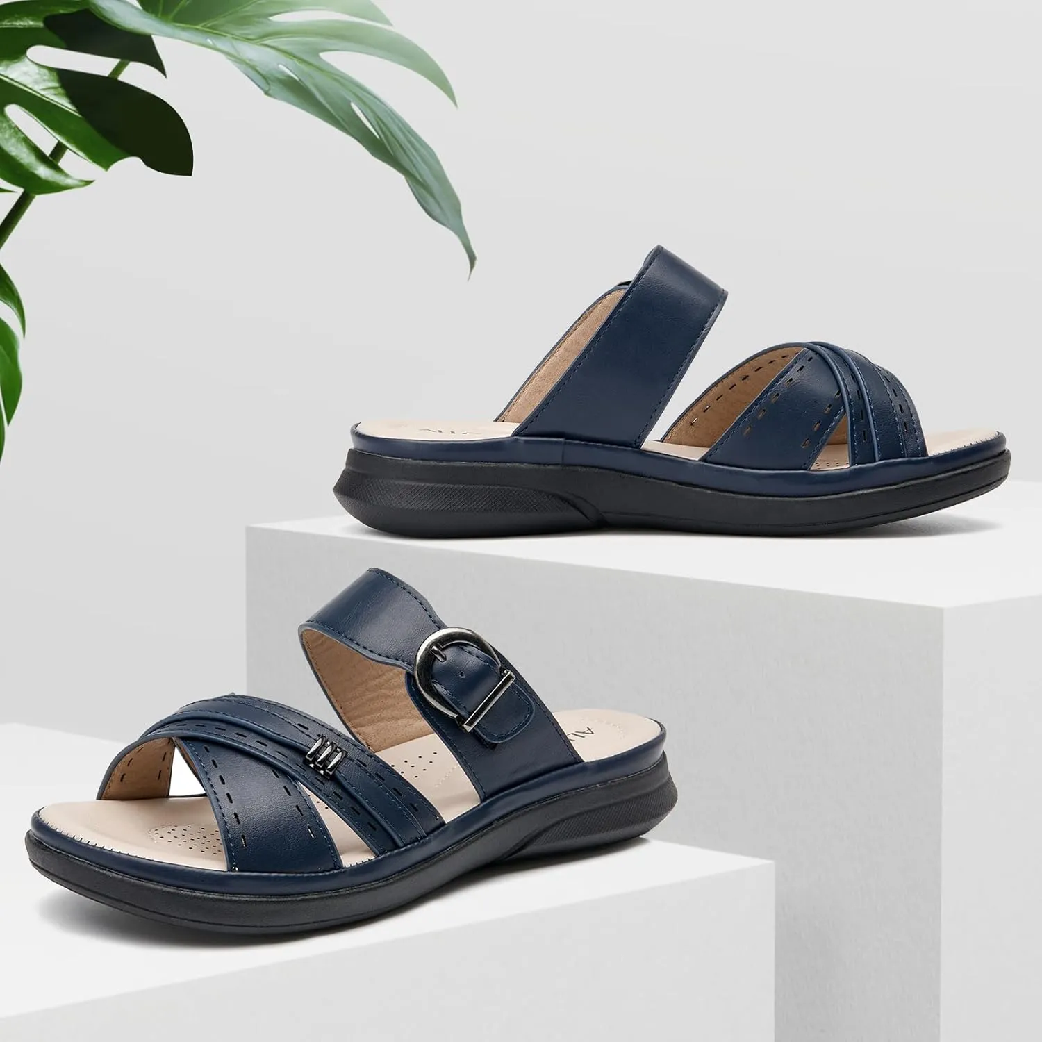 ALLOT Women's Slide Sandals Slip On Open Toe Dressy Summer Flat Sandals Arch Support Adjustable Straps Comfortable Beach Walking Shoes