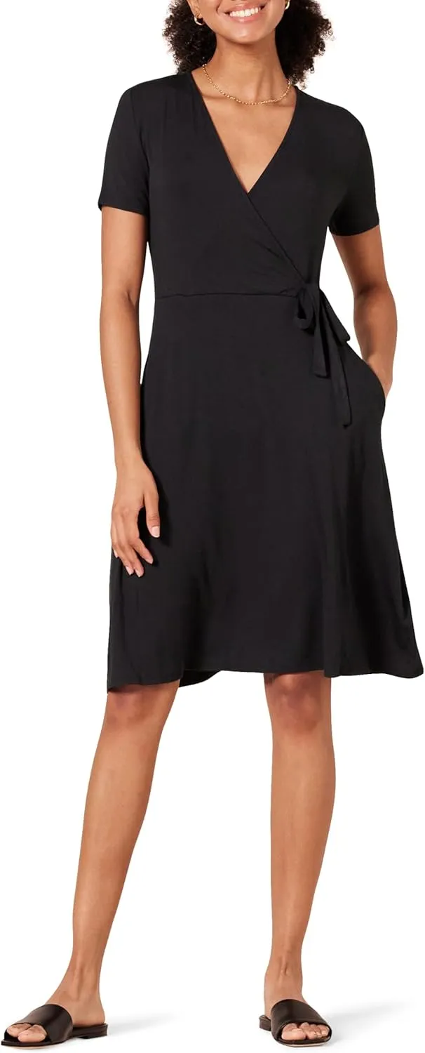 Amazon Essentials Women's Short Sleeve Faux-Wrap Dress