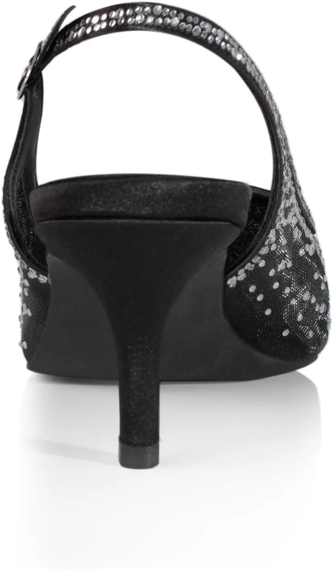 anteikira Women's Pointed Toe Rhinestone Studded Mesh Kitten Heel Slingbacks Slip On Party Wedding Heels High Stiletto Heel Pumps Shoes