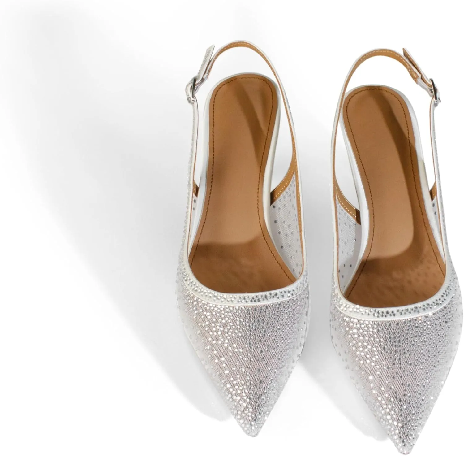 anteikira Women's Pointed Toe Rhinestone Studded Mesh Kitten Heel Slingbacks Slip On Party Wedding Heels High Stiletto Heel Pumps Shoes