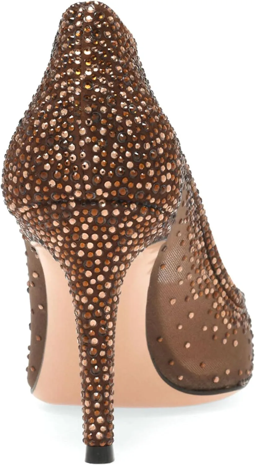 anteikira Women's Pointed Toe Rhinestone Studded Mesh Kitten Heel Slingbacks Slip On Party Wedding Heels High Stiletto Heel Pumps Shoes