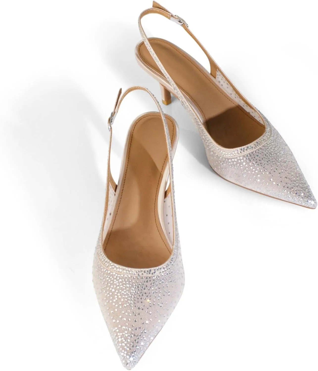 anteikira Women's Pointed Toe Rhinestone Studded Mesh Kitten Heel Slingbacks Slip On Party Wedding Heels High Stiletto Heel Pumps Shoes